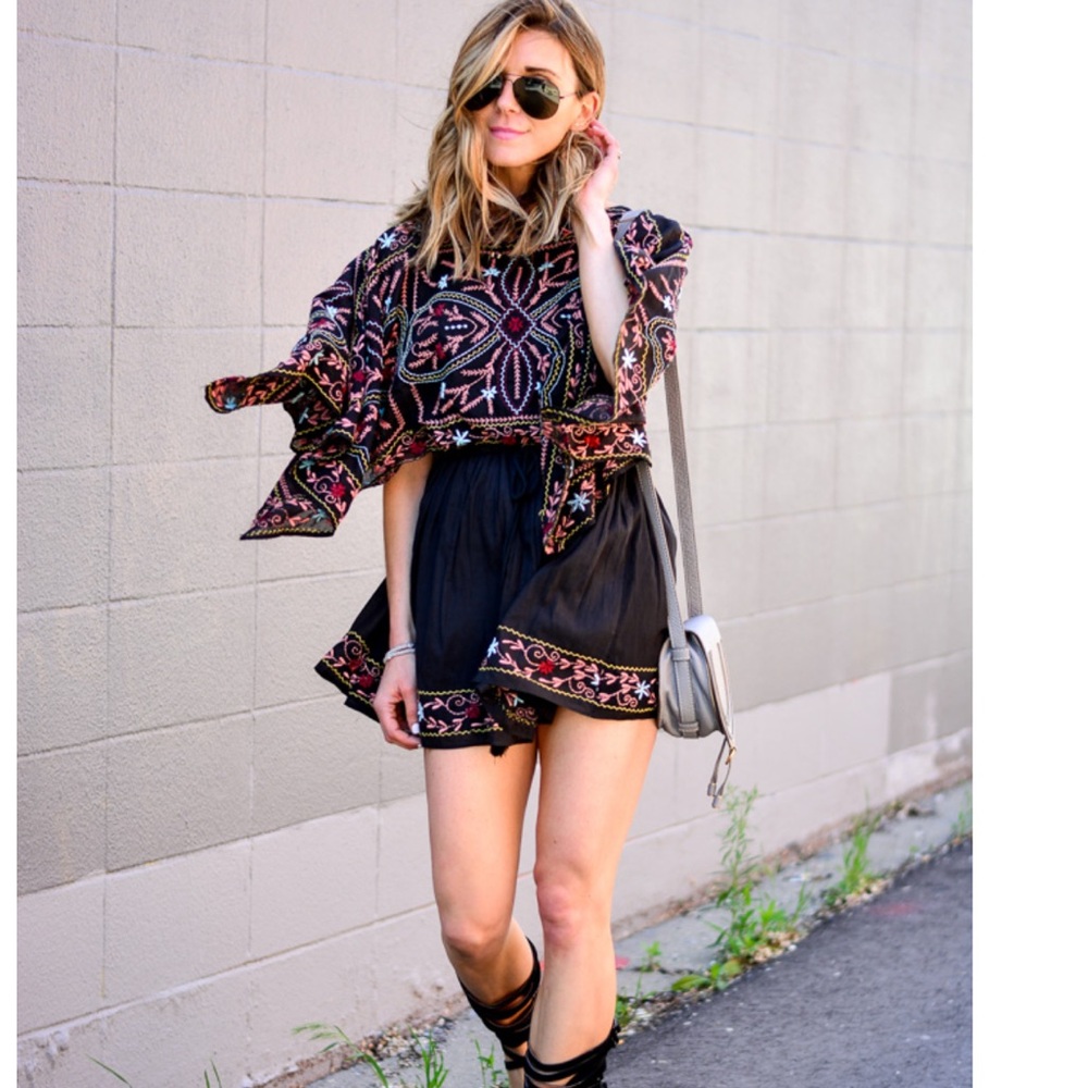 Free People Black Mini Dress with Colorful Embroidery